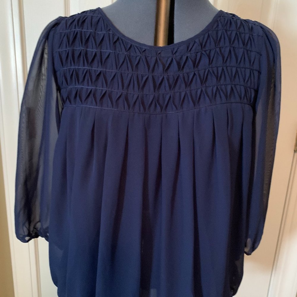 Max Edition, Size L, Navy, Sheer, pin-tuck blouse